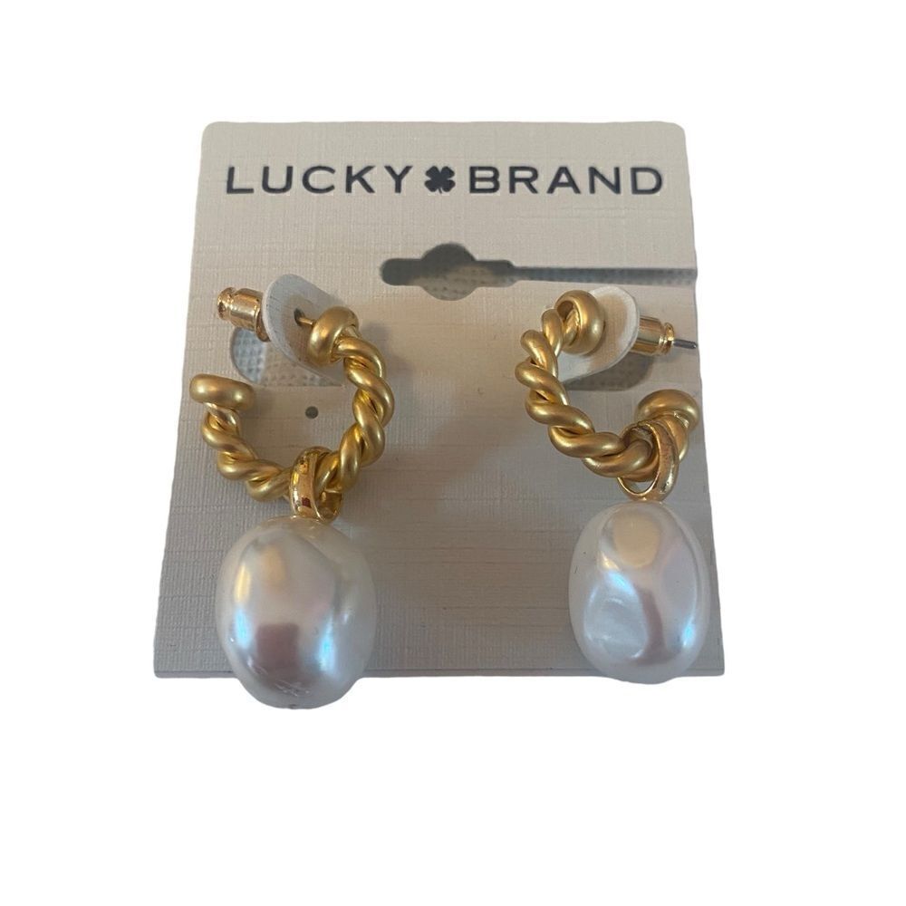 Pearl Drop Braided Yellow Gold Toned Hoops.